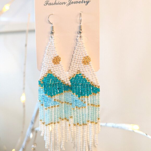 Boho Vintage Vibe Colorful Beaded Tassel Earrings - White, Green, Turquoise - Picture 4 of 4
